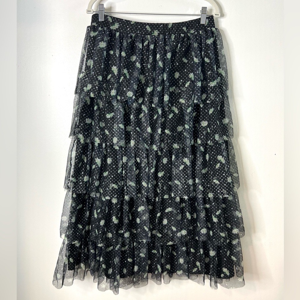 Cato Tulle Navy Midi Skirt Tiered Floral Metallic Ethereal SZ M  EUC